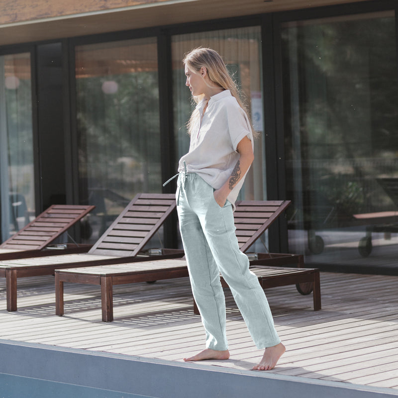 Pantalon décontracté pour femme en lin Bleu Glacier 