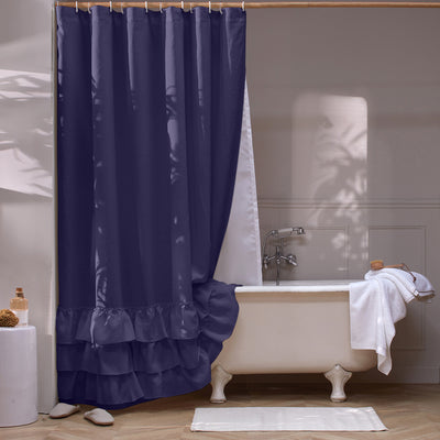 Rideau de douche en lin lavé à volants bleu nuit