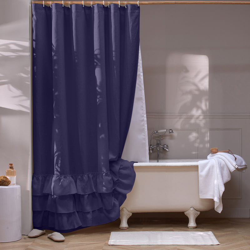 Rideau de douche en lin lavé à volants bleu nuit