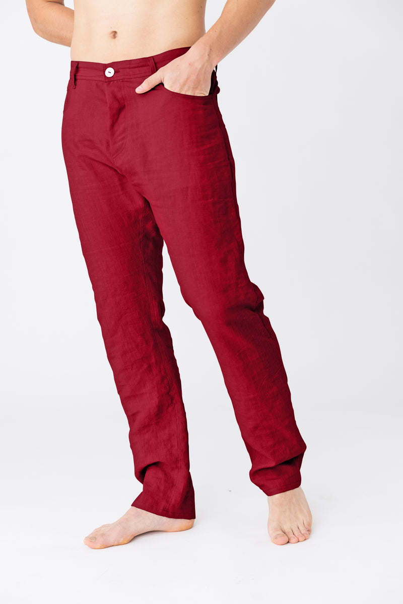 Pantalon en lin, style Jeans "Flavio" bordeaux 