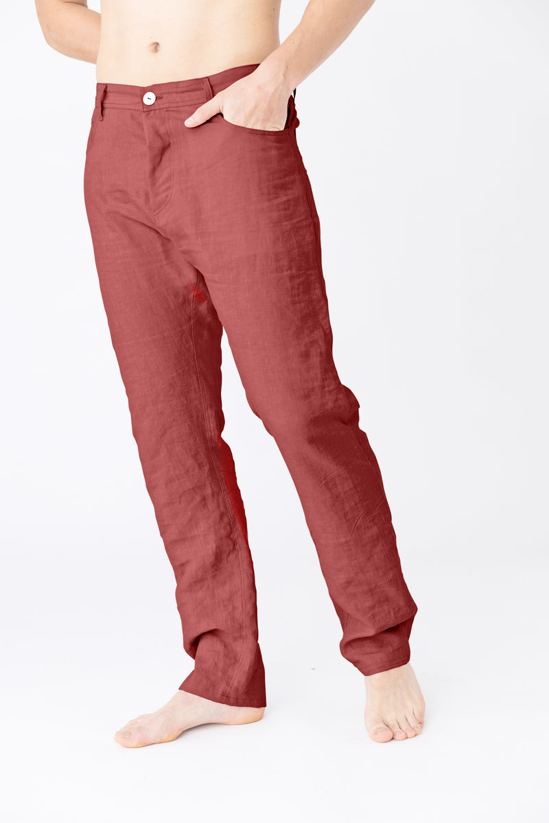 Pantalon en lin, style Jeans "Flavio" brique 