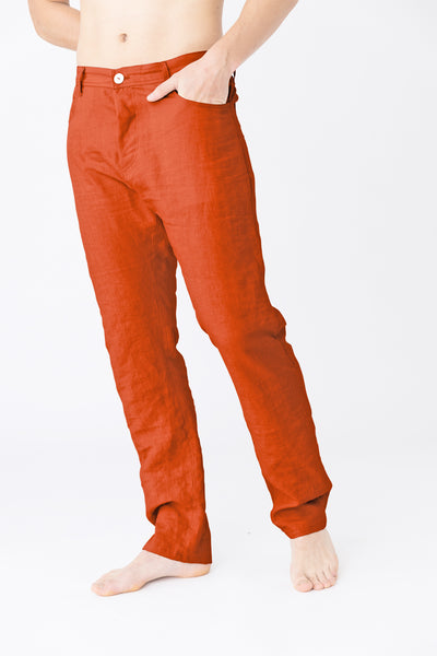 Pantalon en lin, style Jeans "Flavio" corail #colour_corail