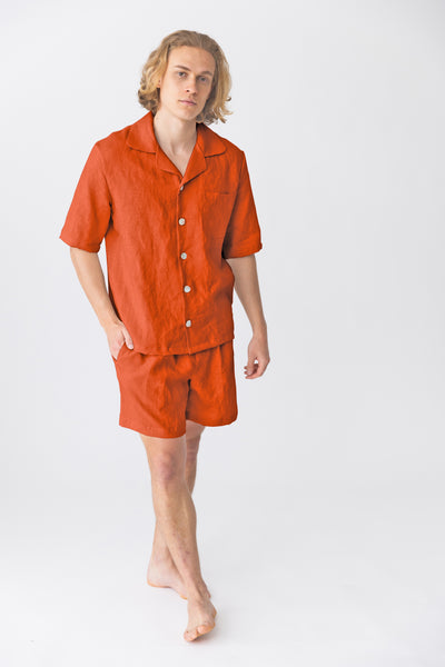 Pyjama en lin à manches courtes “Emanuel” Corail #colour_corail