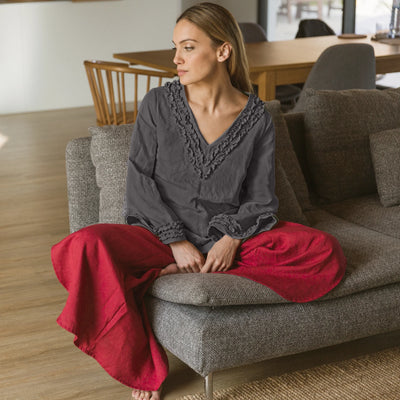Robe de nuit courte en lin à mini volants Gris Plomb