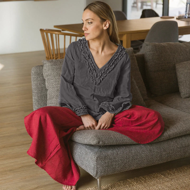 Robe de nuit courte en lin à mini volants Gris Plomb