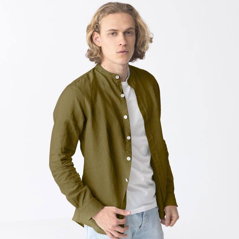 Chemise en lin col mao “Natanael” Olive Verte 