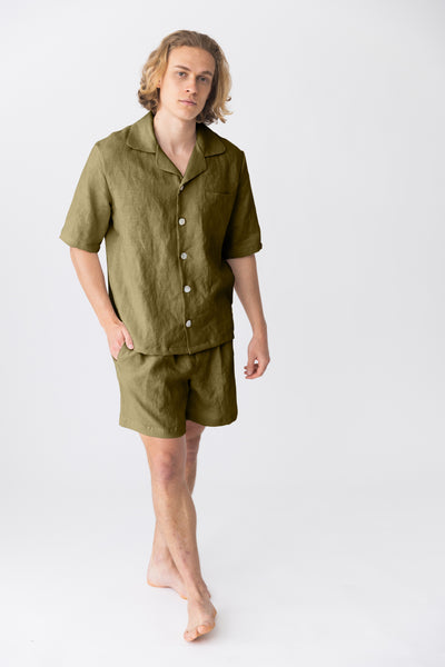 Pyjama en lin à manches courtes “Emanuel” Olive Verte #colour_olive-verte