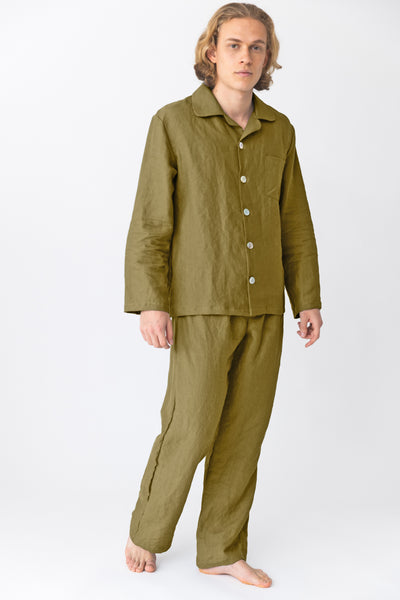 Pyjama long homme en lin lavé Olive Verte #colour_olive-verte